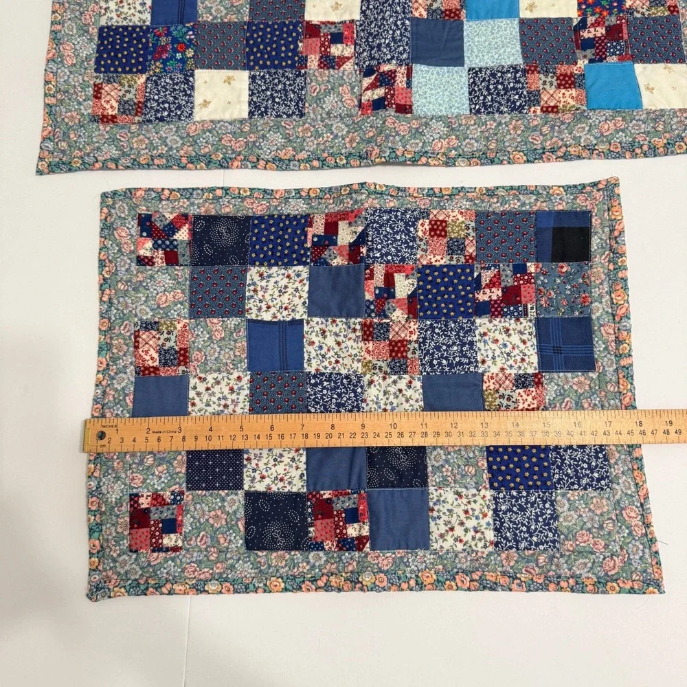 Handmade Vintage Patchwork Table Runner Placemat Set Blue Cotton Quilt